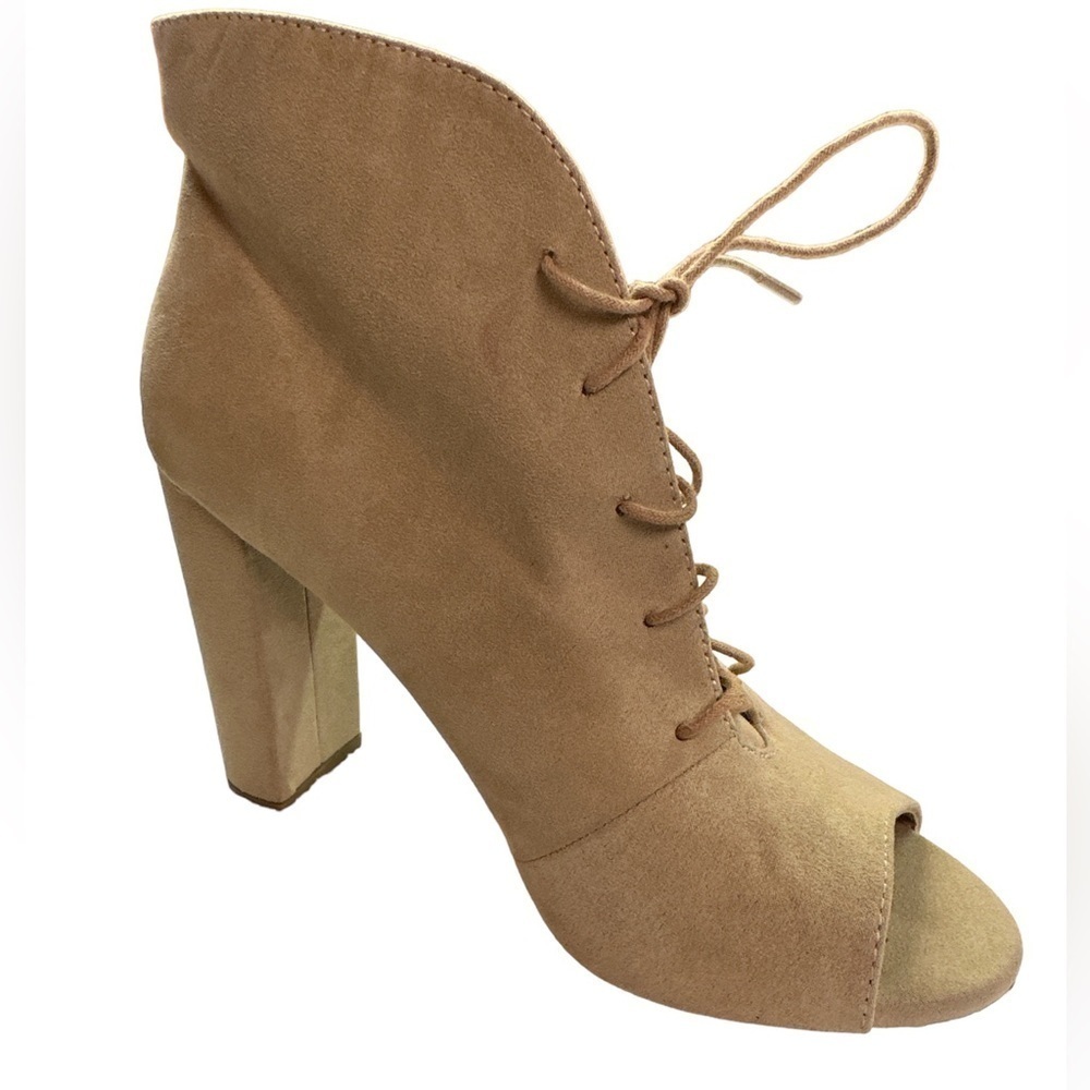 Wild Diva Lounge Tan Open Toe 4” Block Heel Lace Up Ankle Bootie Suede Feel 7.5